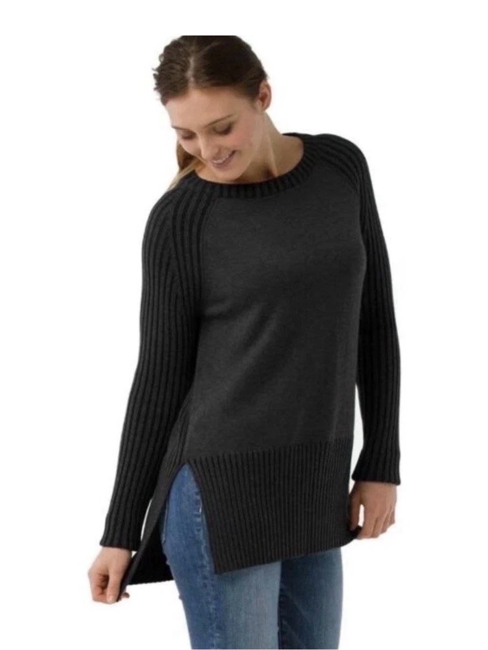Smartwool Charcoal Ribbed-Sleeve Longline Scoop Neck Sweater